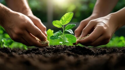 Couple planting seedling in garden soil, sunlight background, sustainable living concept