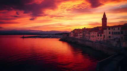 Obraz premium Fiery Sunset Over Coastal Town With Bell Tower
