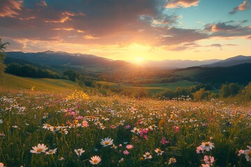 Obraz premium Sunset over mountain meadow wildflowers
