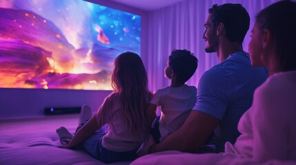 A family enjoying an interactive smart home theater with immersive lighting effects,
