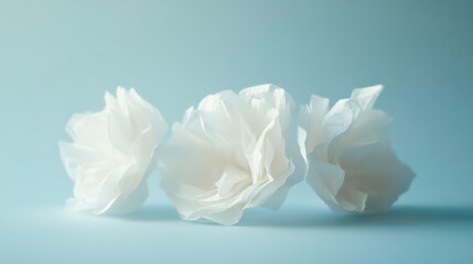 Fototapeta premium Three crumpled white paper flowers on a light blue background.