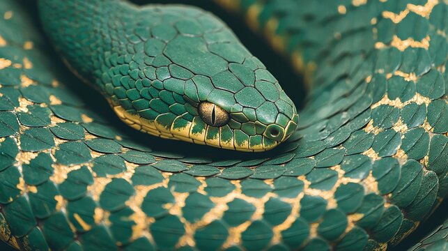   Close-up of green snake head with yellow stripe and brown spot on end