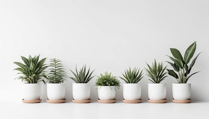 Rows of white ceramic pots containing various ornamental plants