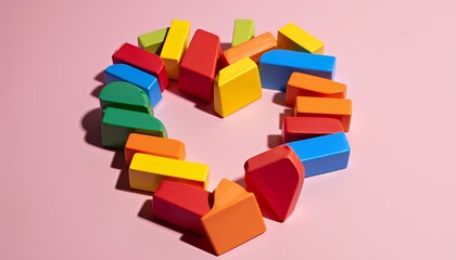 A vibrant array of colorful toy blocks arranged in a heart shape against a soft pink backdrop, symbolizing love, joy, and playful affection, perfect for Valentine's Day or any celebration of love.