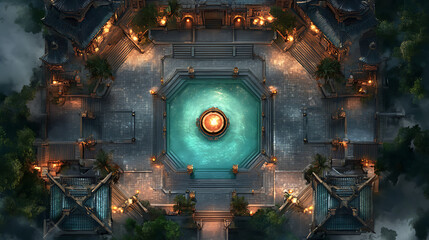 Fototapeta premium Aerial View of Fantasy Battle Map Game Temple Courtyard