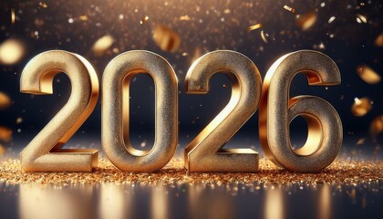2026 gold glitter numbers, Happy New Year banner, gold and silver confetti background.