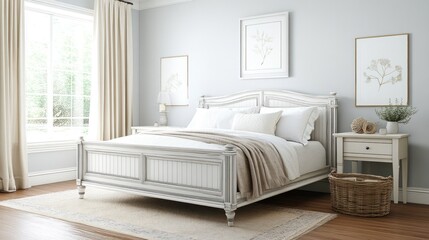 Serene bedroom with white bed, neutral decor, and natural light.