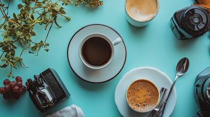 Flat lay of coffee setup with vibrant blue accents