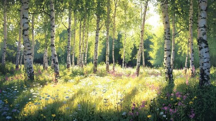 Obraz premium Sunlit Birch Forest Meadow Wildflowers Bloom