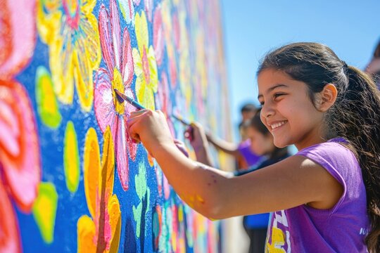 A family painting a colorful mural on a school wall as part of a community project,