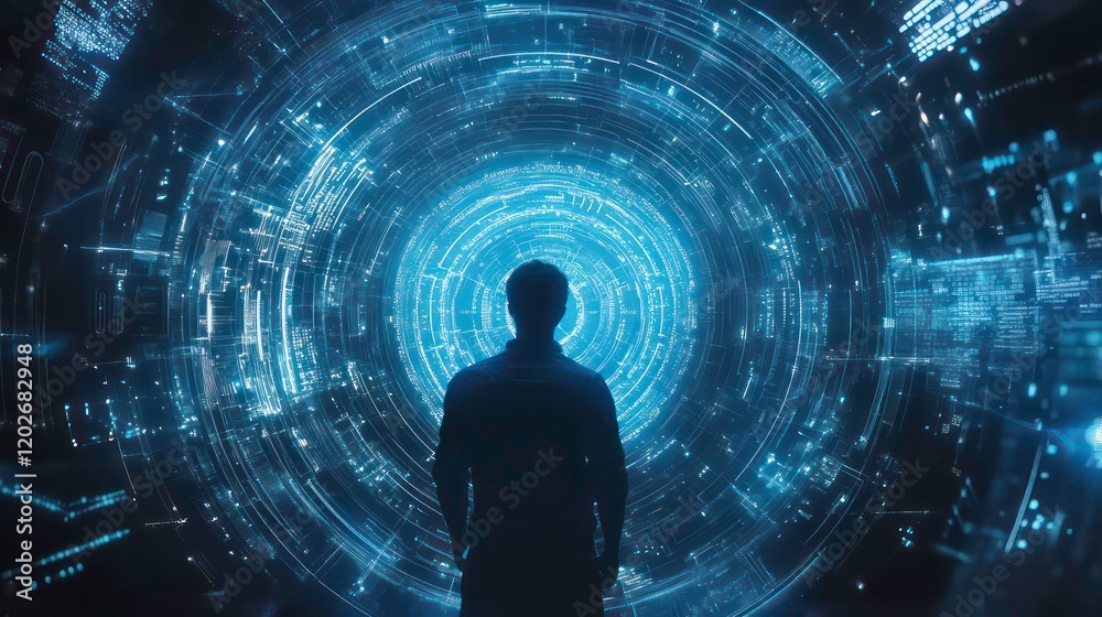 Poster Silhouette of a person facing a swirling vortex of digital data and light.