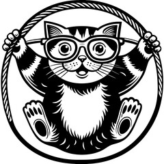 Playful Cat Swinging on a Rope with Oversized Glasses in Vintage Black and White Art