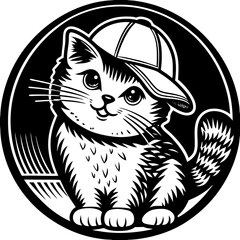 Charming Tabby Kitten with Cap Relaxing in a Circular Minimalist Art Style