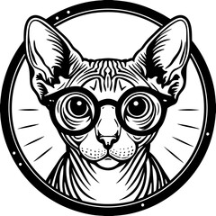Modern Sphynx Cat with Round Glasses in a Bold Black and White Circular Design