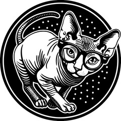 Curious Sphynx Cat Wearing Glasses in a Playful Pose with Black and White Dotted Background