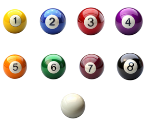 A set of billiard ball featuring the all number prominently displayed