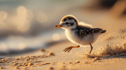   A petite seabird perches atop a coastal shore beside a shimmering sea and golden sands