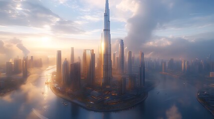 Naklejka premium Sunrise cityscape, aerial view, Dubai, misty morning, tourism