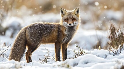 Fototapeta premium A red fox stands in a field of grass and shrubbery amidst falling snow