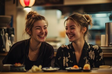 Fototapeta premium Two european women enjoying a delightful meal and fun at a japanese restaurant together