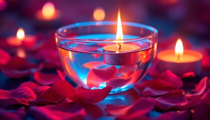 Romantic Candlelight Floating Candle in Water with Rose Petals - Spa Relaxation