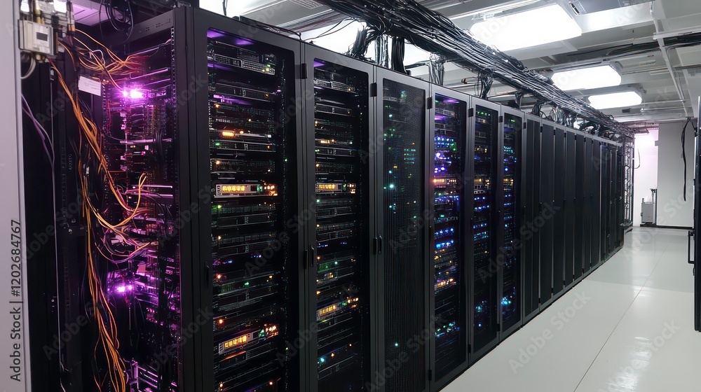 Poster Data center with rows of server racks and network cables.