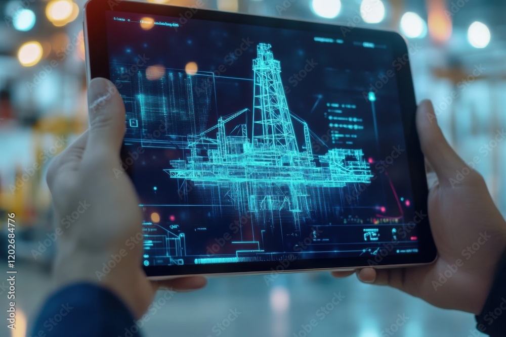 Poster hands hold a tablet displaying a detailed 3d model of an oil rig at a modern facility during the day