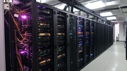 Data center with rows of server racks and network cables.