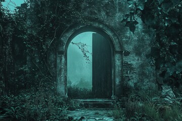 Overgrown stone archway leads to misty path. Perfect for fantasy, mystery, or gothic themes.