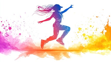 Dynamic Woman Silhouette Leaping Against a Colorful Splash Background