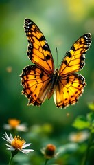 Naklejka premium Golden Butterfly in Flight: A Serene Nature Close-up