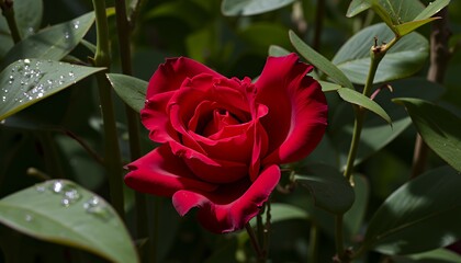 A Deep Red Rose in Full Bloom, Water Drops on Lush Green Leaves, Summer Garden Photography