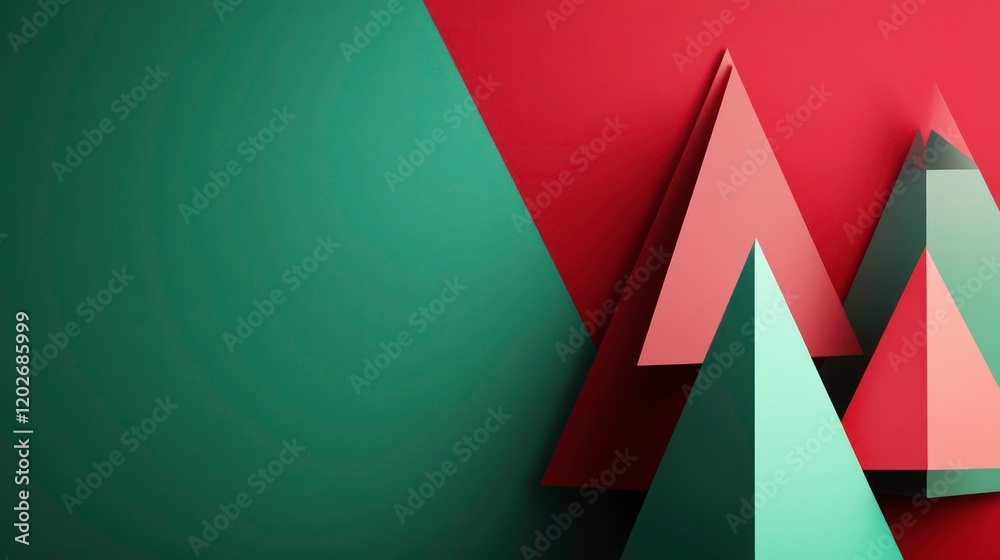 Poster abstract geometric shapes in red and green hues on a textured background.