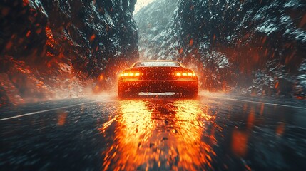 Naklejka premium Car drives on wet asphalt with fiery reflections between cliffs.
