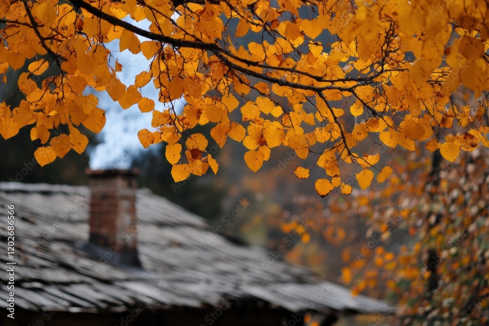 Aufkleber Vibrant autumn leaves frame a rustic cabin in a serene landscape during the fall season. Generative AI