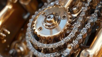Close-up of Polished Gold Gears and Chain in Intricate Detail: A Mechanical Marvel