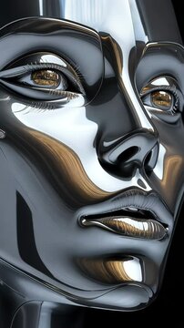 On a black background, a futuristic metallic humanoid face