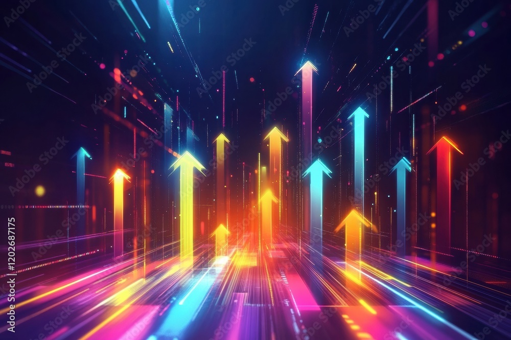 Poster Vibrant digital arrows illustrating upward movement in a colorful abstract space. Generative AI