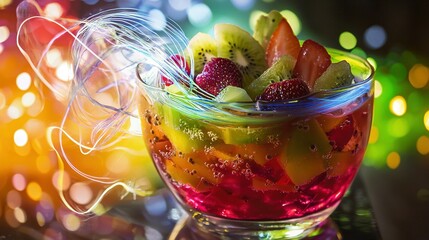   A sharp focus on a bowl of fruit sitting on a table, with clear lighting around it