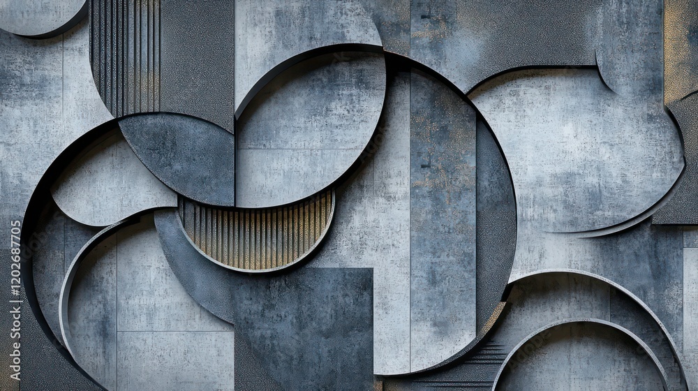 Poster Abstract geometric pattern with gray and gold circles and rectangles on a textured background.