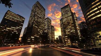Obraz premium Illuminated skyscrapers at sunset, city street with light trails.