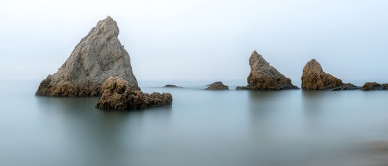 Jagged rocks protrude from the calm sea under a hazy sky, creating a peaceful yet dramatic coastal landscape with minimalist vibes.