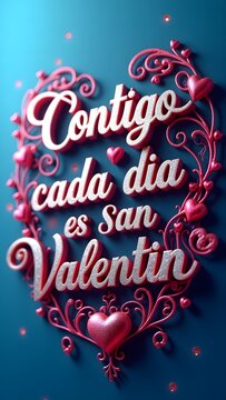 Tarjeta vertical en color azul para el d&iacute;a de los enamorados con la frase Contigo, cada d&iacute;a es San Valent&iacute;n en letras plateadas dentro de un gran coraz&oacute;n, juvenil y divertido. Concepto d&iacute;a de San Vale