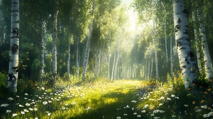 Fototapeta premium Sunlit Birch Forest Path With Wildflowers