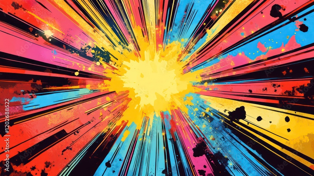 Aufkleber Abstract colorful burst background with radial lines and paint splatters.