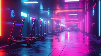 Neon-lit corridor with electric scooters.