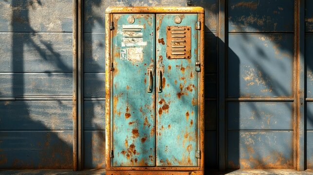 Rusty metal cabinet outdoors, sunlit wall