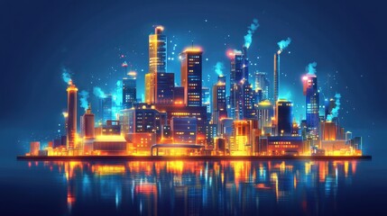 Night cityscape with vibrant lights reflecting on water. Ideal for illustrating industrial progress, futuristic concepts, or urban development.