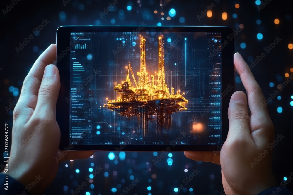 Poster hands hold a tablet showing a detailed three dimensional oil rig model with digital graphics in a mo