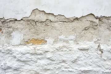 Obraz premium Weathered whitewashed wall with cracks and exposed stone. Ideal for backgrounds, textures, and distressed designs.